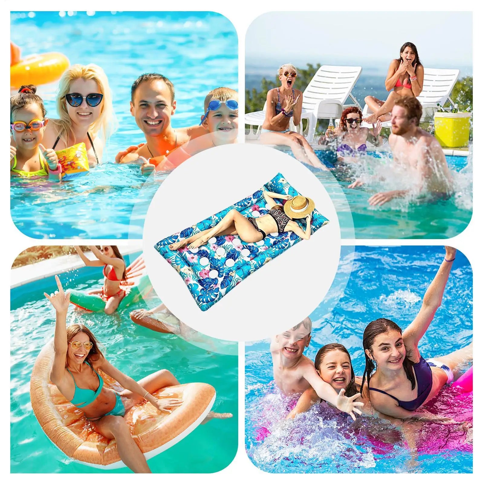 Inflatable Pool Bed Tropical Leaf Print Sunbathing Chair Headrest PVC Zpaxo