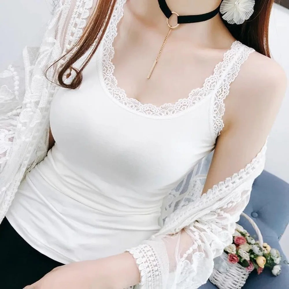 Casual U Neck Summer Tank Tops Sleeveless With Lace Fitted Tops Underwear Slim Cami Top Shirt for Women Zpaxo White XXL
