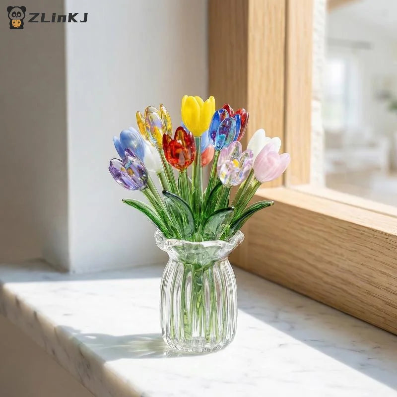 ▶Mini Lifelike Glass Flowers Simulation Flowers Handcrafted Floral Sculpture Floral Bouquet With Vase Dollhouse Decorative Model Zpaxo