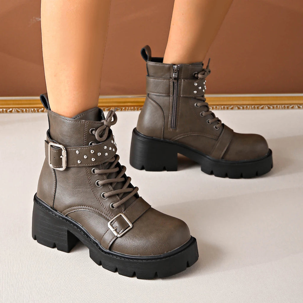 Women Ankle Boots 2025 New Fashion Lace Up Shoes Comfortable Luxury Buckle Strap Boots Women Solid Chunky Heel Mid-Calf Boots Zpaxo