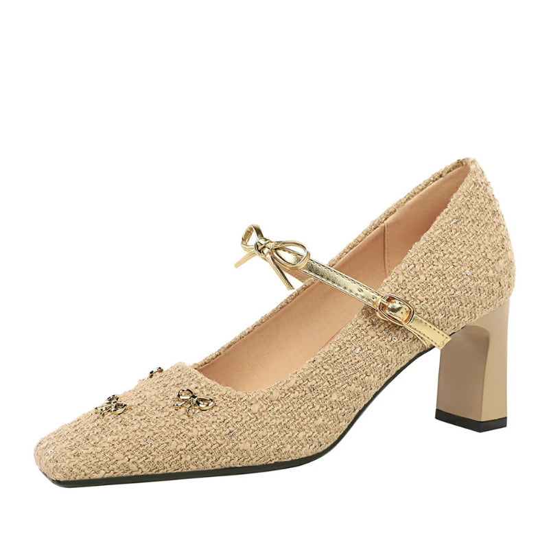 Tweed Heels Gold Bow Ankle Strap Block Heel Square Toe Elegant Pumps Zpaxo
