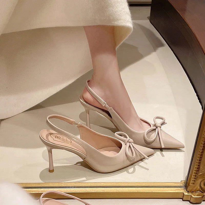 Bow Pointed Toe High Heels Sandals Women Brand Designer Shoes Fashion Slides Sexy Slingback Shoes Elegant Mules Sandals Female Zpaxo Beige 38