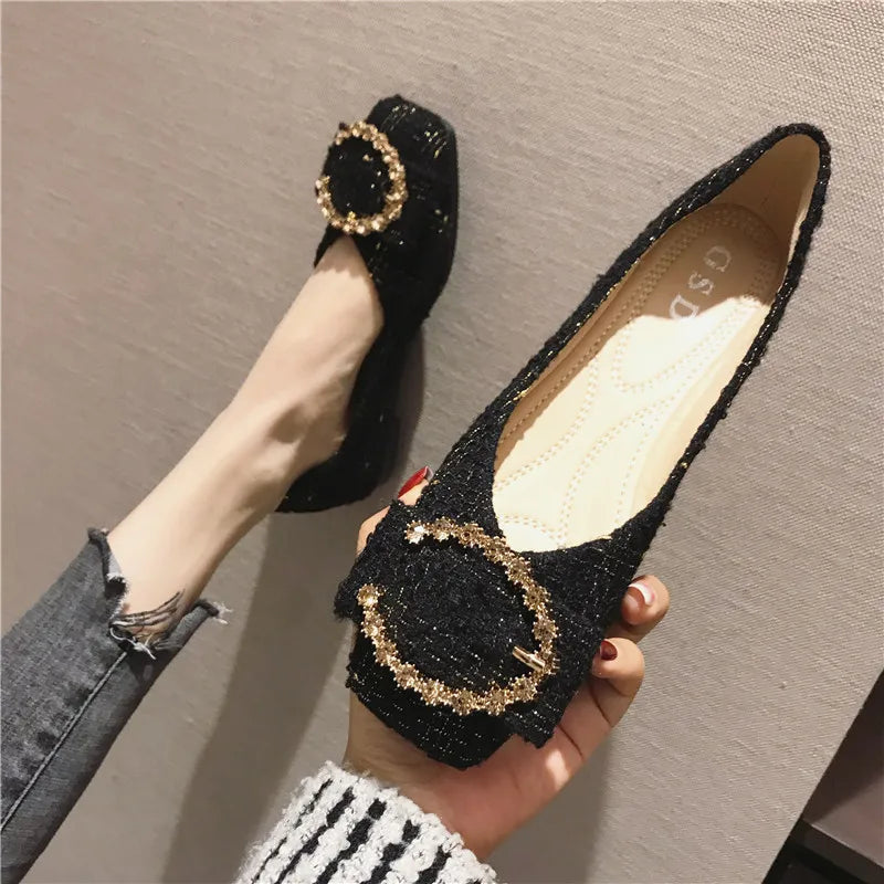 Flats Shoes for Women 2023 Spring Autumn New Women's Shoes Cloth Top Metal Buckle Shallow Mouth Square Head Flat Shoes Women Zpaxo