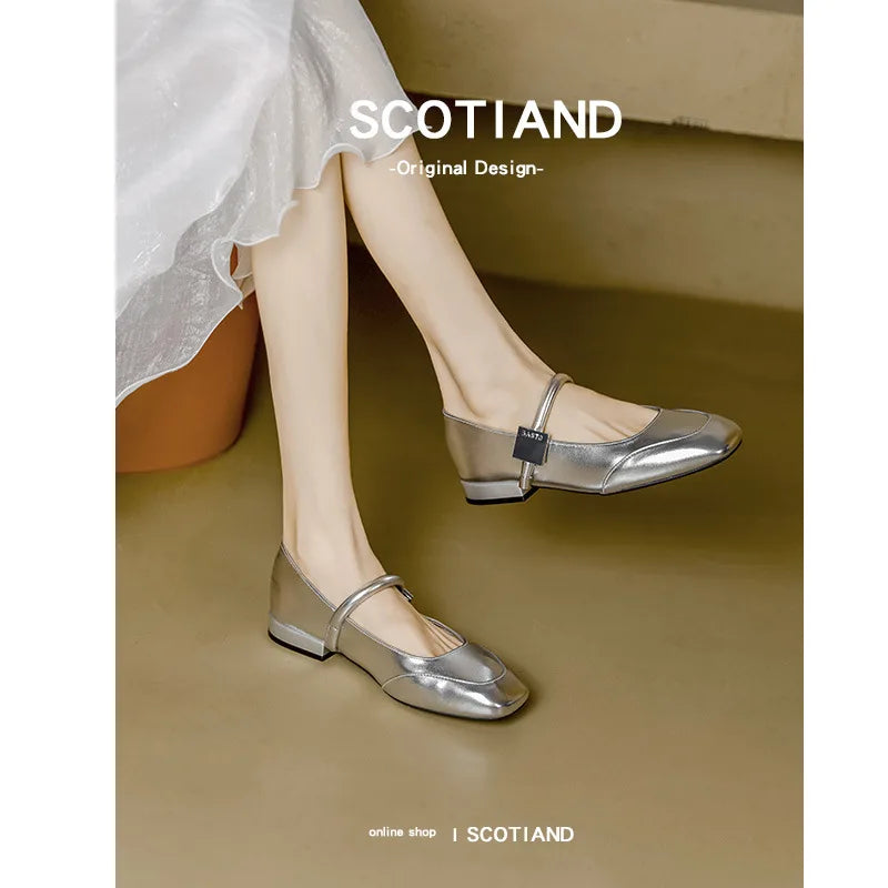Flat Shoes for Women Spring and Autumn New Silver Mary Jane Shoes Square Toe Loafers Women Ladies Shoes plus size 40 Zpaxo