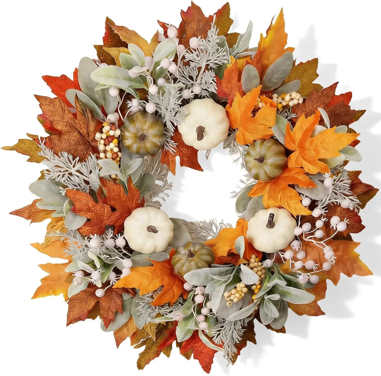 Artificial Fall Wreath Front Door Pumpkins Oeange Maple Leaves Autumn Zpaxo