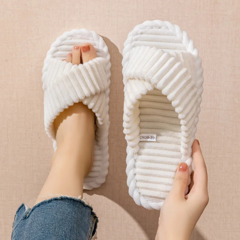Fashion Corduroy Cross Band Open Toe Home Slippers Women Autumn