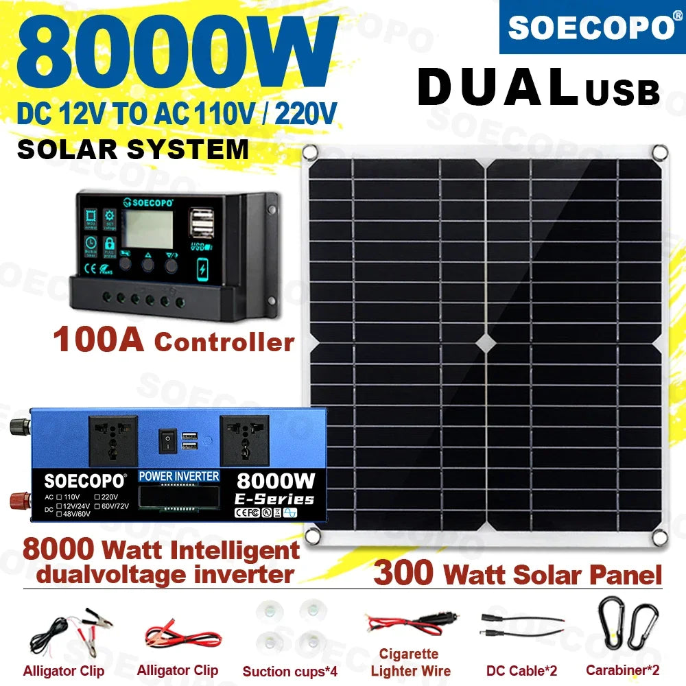 SOECOPO 8000W Solar System DC12V to AC110V/220V 100A MPPT Controller 300W Panel Intelligent Inverter for Home RV Camping CE ROSH Zpaxo