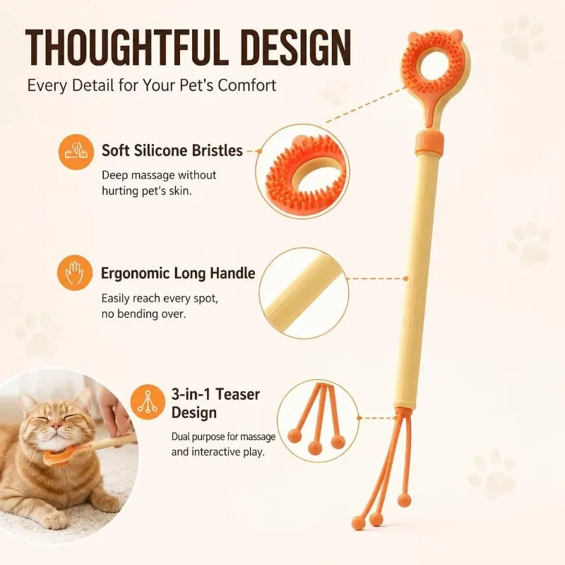 3-in-1 Cat Grooming Brush & Teaser Wand – Dual-Sided
