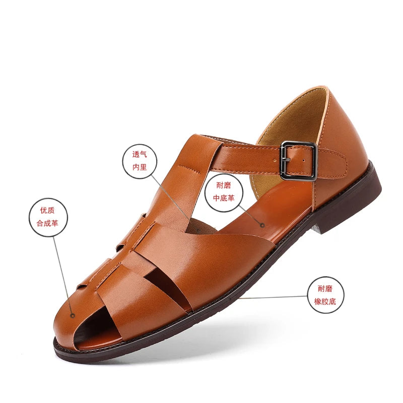 Vintage Brown Leather Roman Sandals Breathable Closed Toe Summer Zpaxo