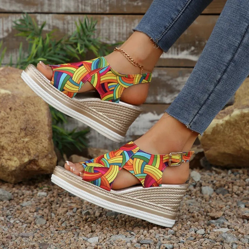 Women's Fish Mouth Open Toe Vintage Ankle Buckle Strap Wedge Heel Zpaxo