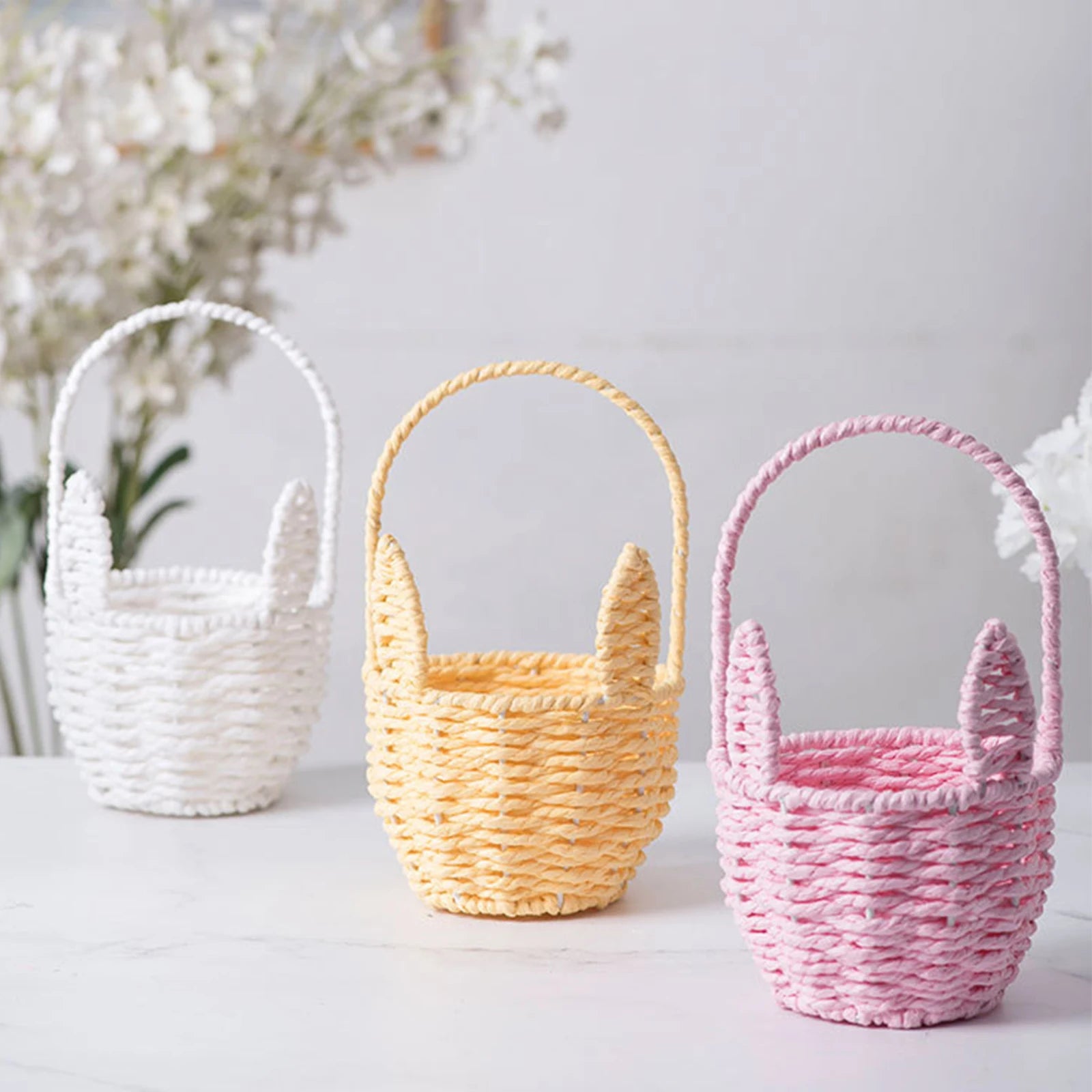 Easter Mini Handmade Rabbit Baskets Handle Cartoon Woven Ear