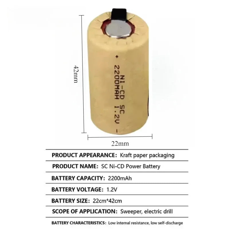New Screwdriver Electric Drill SC Batteries 1.2V 2200mAh Sub C Ni-Cd Rechargeable Battey with Tab Power Tool NiCd SUBC Cells Zpaxo