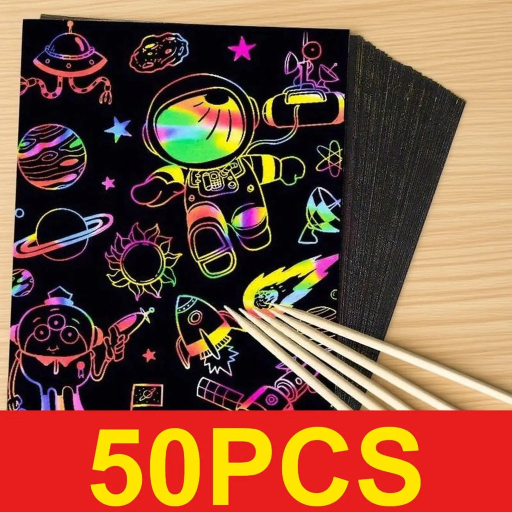 50 pcs Scratch Paper Kids Rainbow Magic Scratch Off Paper Sheets Art Craft Kit Black Note Paper Drawing Pads with Stencils Zpaxo