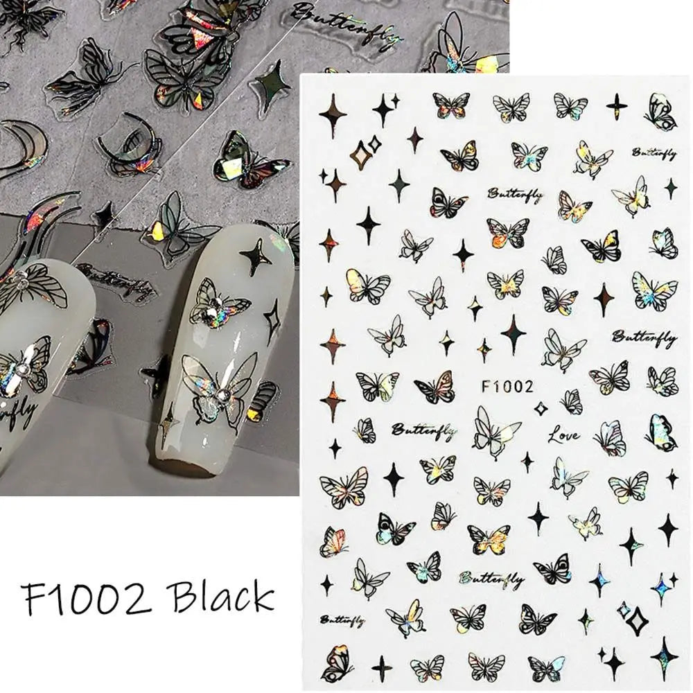Butterfly Laser Nail Stickers Holographic Glitter Shining Adhesive Slider DIY 3D Nail Art Decal Decoration Zpaxo F1002-Balck