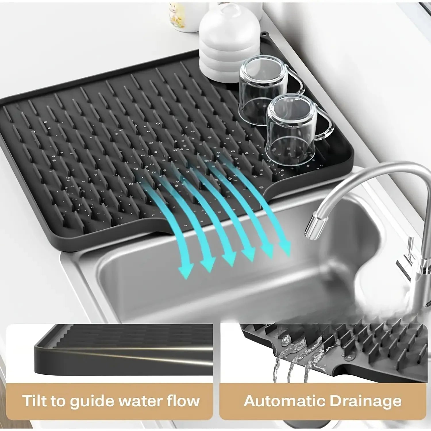 Kitchen Anti-Slip Silicone Drain Mat, Dish Rack, 15.75inch X 12.6inch, Built-in Water Draining Design, Heat and Easy to Clean Zpaxo