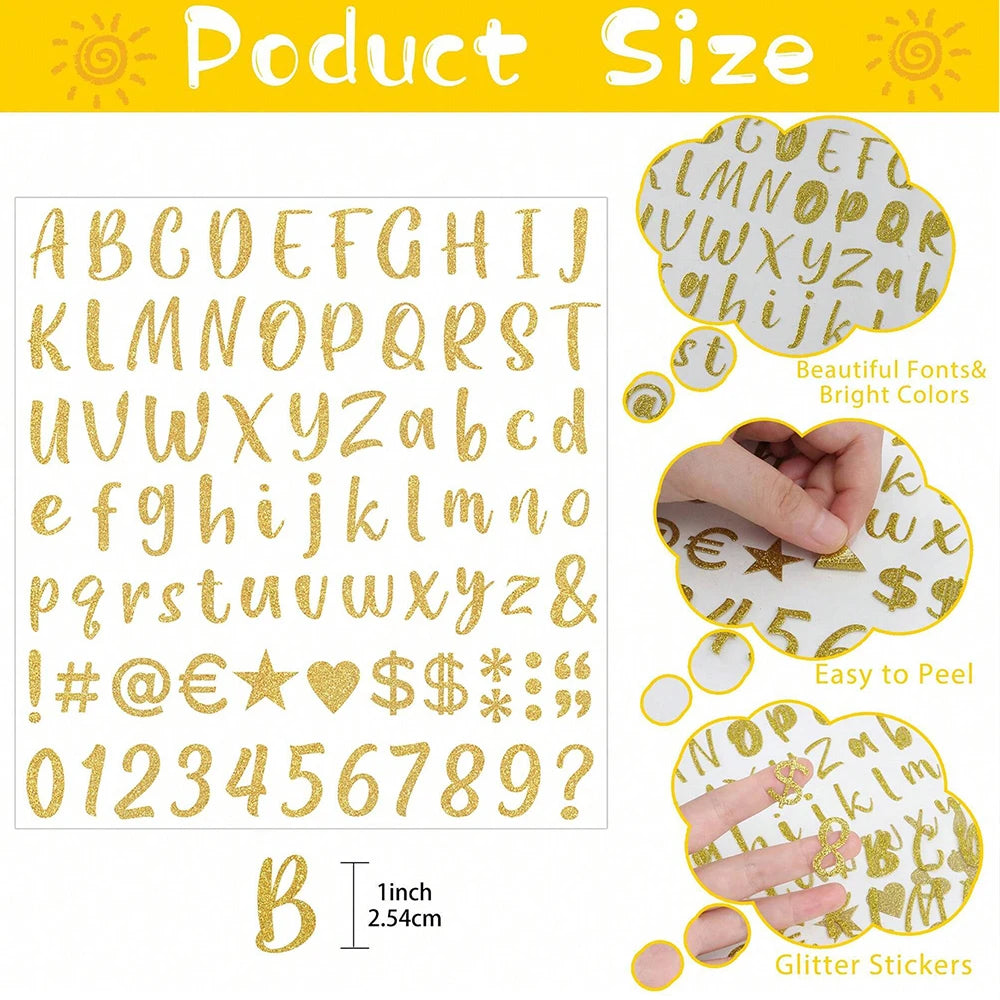 8Sheets Glitter Letter Stickers Self-Adhesive Glitter Alphabet Number Labels Stickers for Scrapbook Water Bottles Crafts Decor Zpaxo