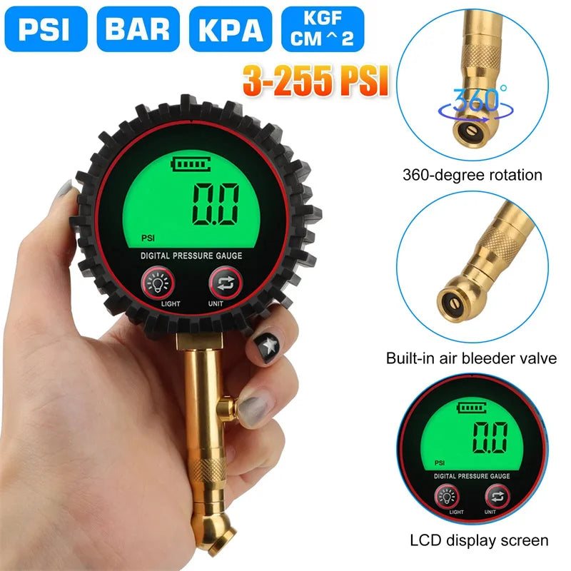 Digital Tire Pressure Gauge 3–255 PSI | LCD Backlight