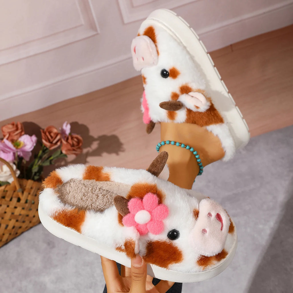 Fluffy Slippers Women Fashion Plush Flat Slippers 2025 New Platform Home Slides Women House Cartoon Cow Designer Women Shoes Zpaxo