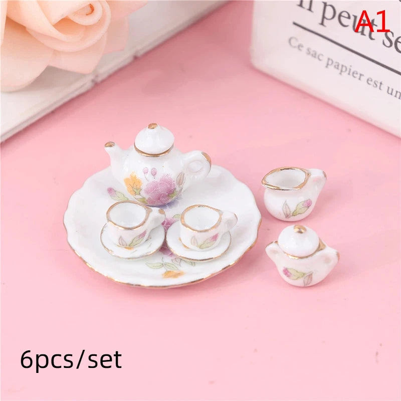 ▶1Set 1:12 Dollhouse Miniature Ceramics Teapot Tea Set Mini Ceramic Kungfu Tea Set Kettle Cup Tableware Model Kitchen Decor Toys Zpaxo Style03 - 6PCS