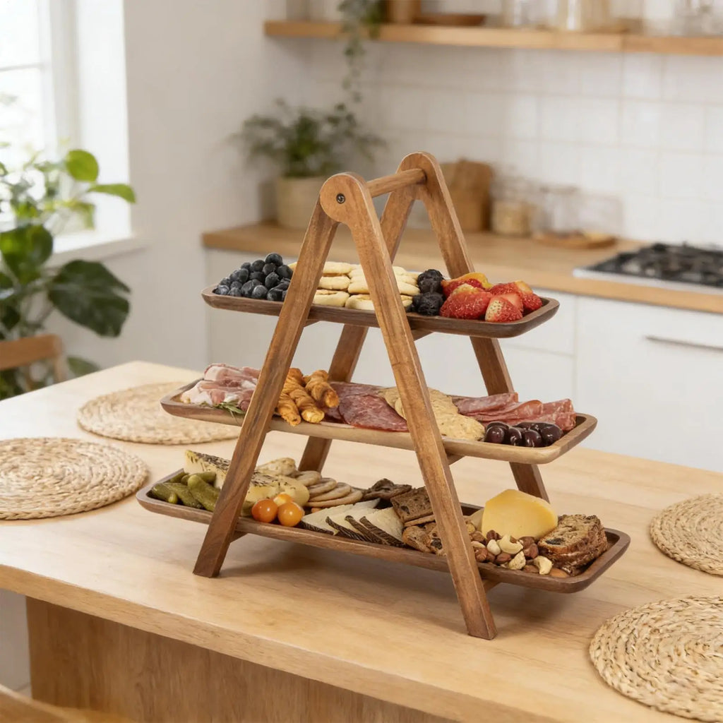3 Tier Serving Tray Rectangle Detachable Wooden Platter Food Party