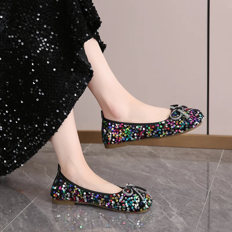 2026 Women Bling Flats Shoes Casual Walking Spring Round Toe Bowtie