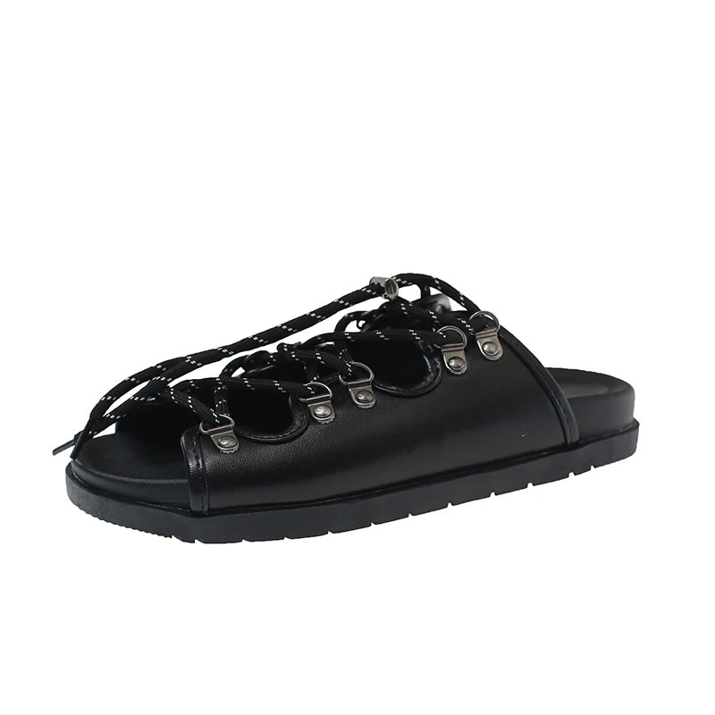 Lace-up Flat Slippers Women's Summer 2026 Open Toe Metal Buckle Zpaxo black 36