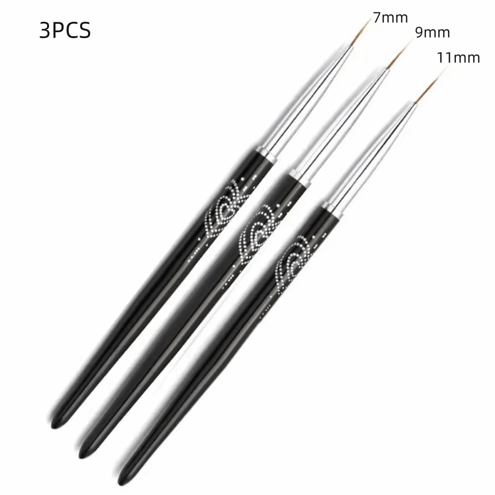 Metal Handle Nail Eyeliner Brushes 7mm/9mm/11mm Thin Design UV Gel Painting Brush Black Color Nail Art Design Brush Zpaxo 3PCS