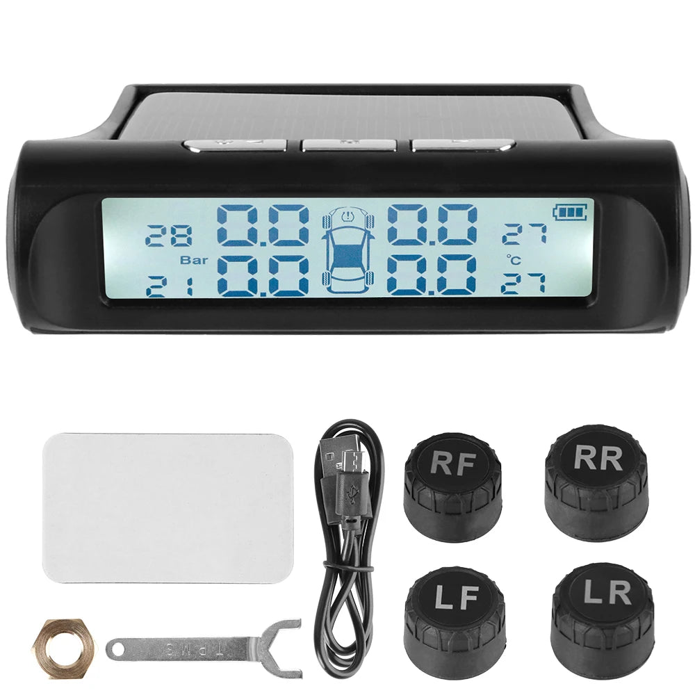 Universal Car Tire Pressure Monitoring System USB / Solar TPMS Tyre Temperature Monitor 0-6Bar Auto Security Alarm Systems Zpaxo General display