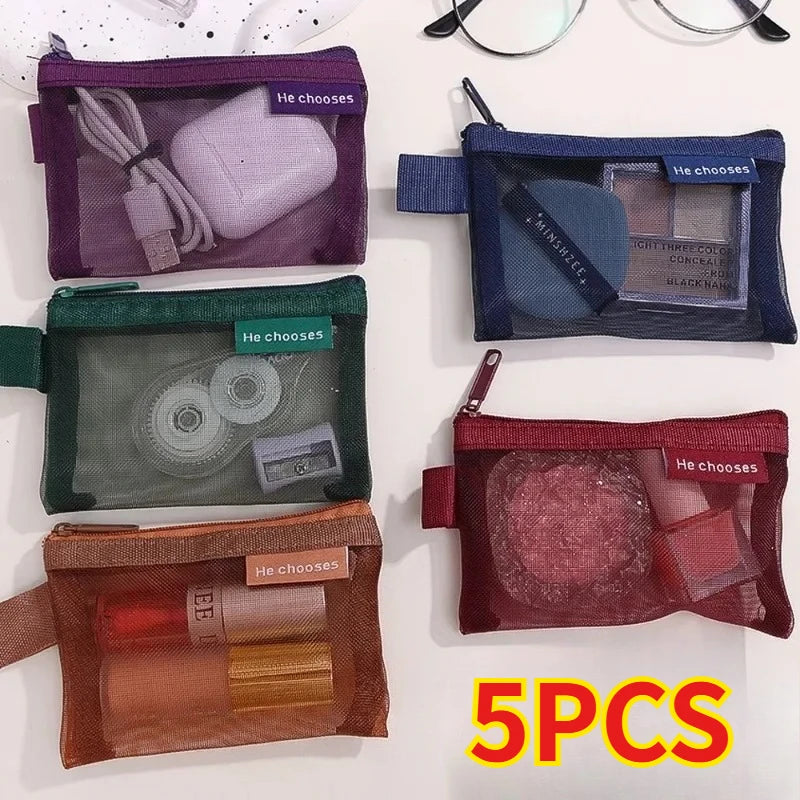 5PCS Mini Square Mesh Storage Bag Cable Holder Zipper Travel Organizer drawers for folding bag stand hanger hangingbig bags Zpaxo