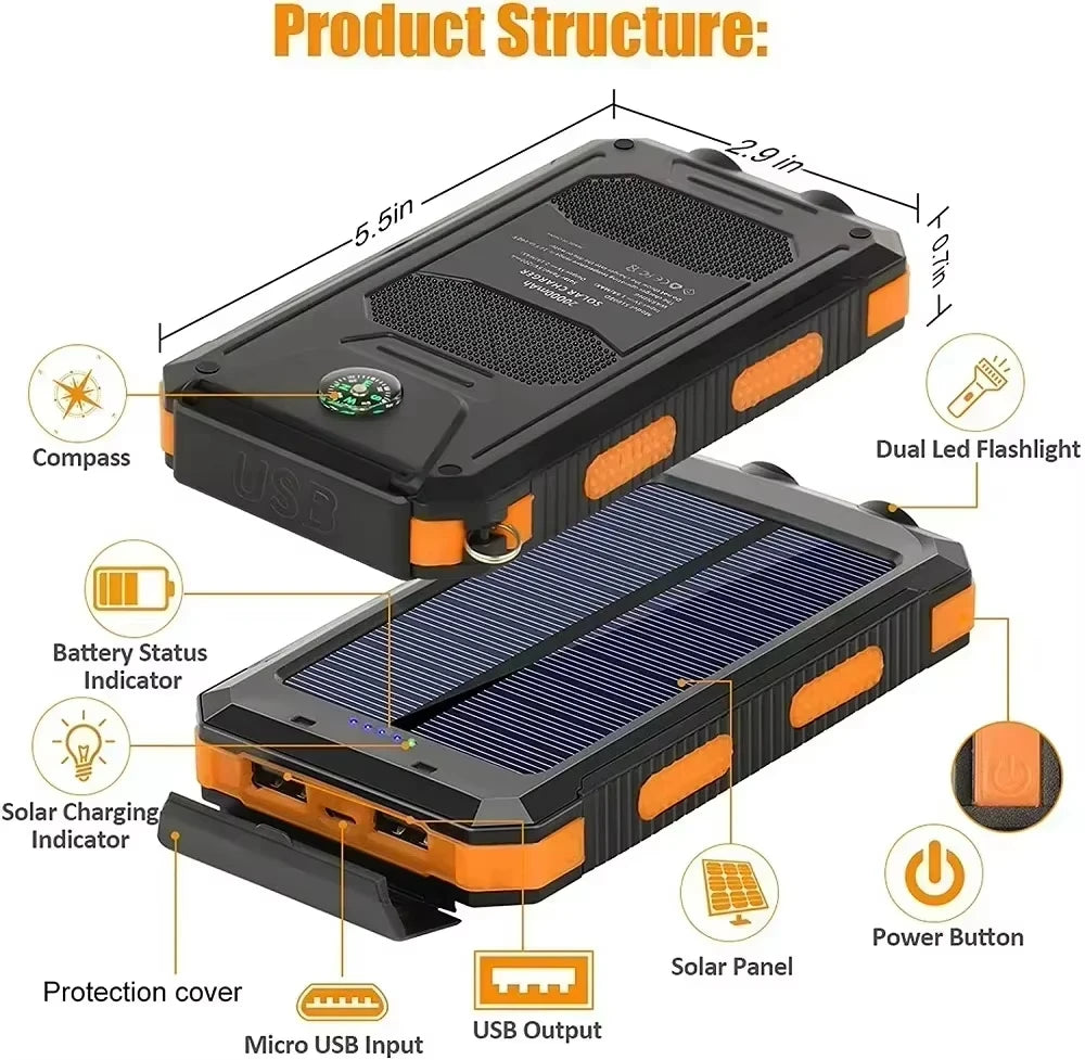 Waterproof Outdoor Solar Power Bank 30000mAh Dual USB Travel Outdoor Portable Mobile Phone Charger Solar Power Bank For Camping Zpaxo
