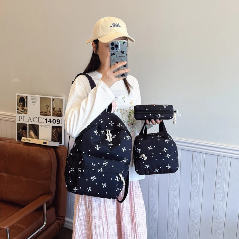 3Pcs/Set Kawaii Nylon Backpack with Handbag & Pencil Case All-Match School Bag Cute Bowknot Backpack School Outdoor Lunch Box Zpaxo