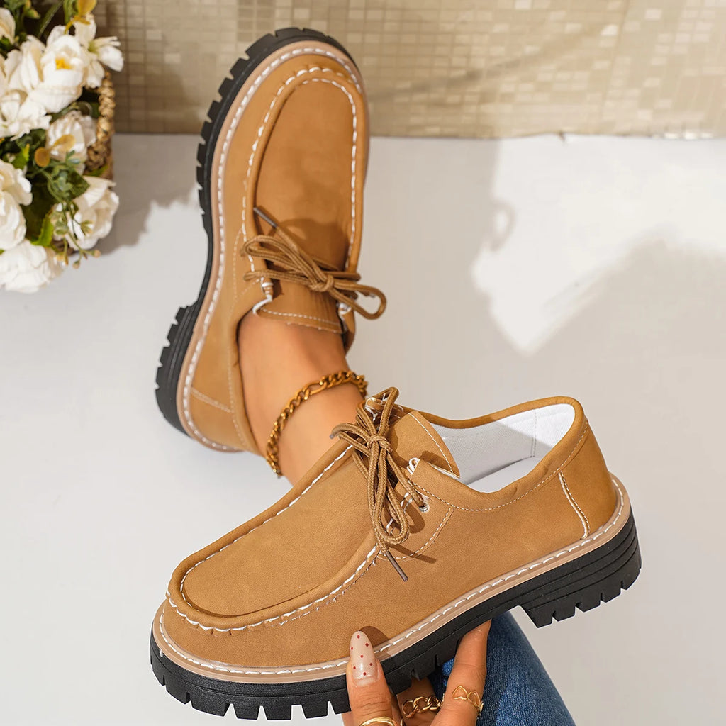 Women Loafers 2025 New Thick Heel Chunky Sole Flats Shoes Comfortable Sneakers Women Spring Autumn British Style Women Shoes Zpaxo Brown 38