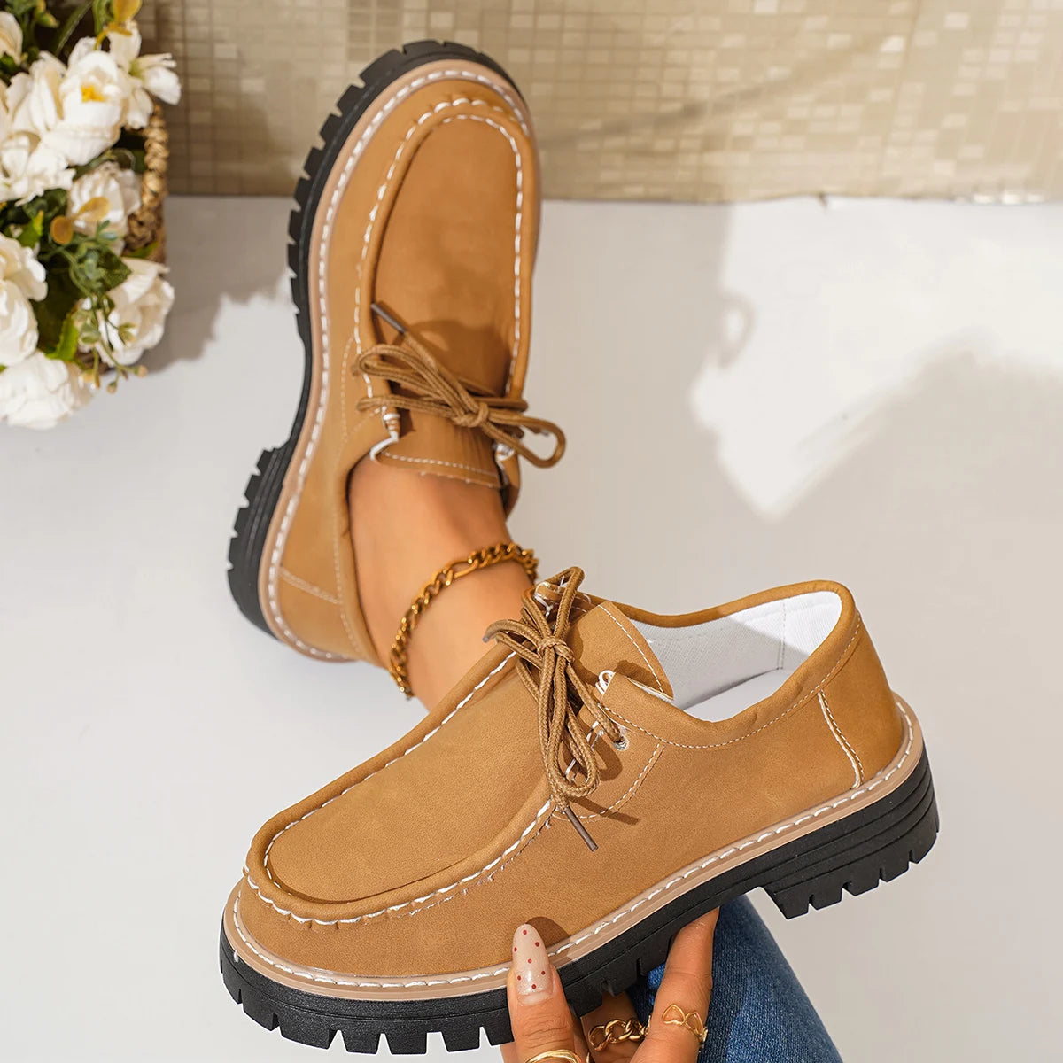 Women Loafers 2025 New Thick Heel Chunky Sole Flats Shoes Comfortable Sneakers Women Spring Autumn British Style Women Shoes Zpaxo Brown 38