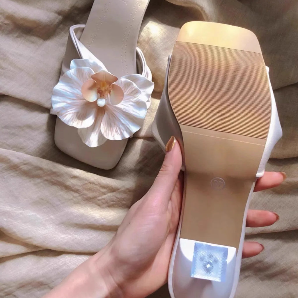 Slippers Women Women's High Heels Slippers Flower 2025 Summer New Style Slim Heel Sandals Women's Ladies Shoes Zapatos Zpaxo