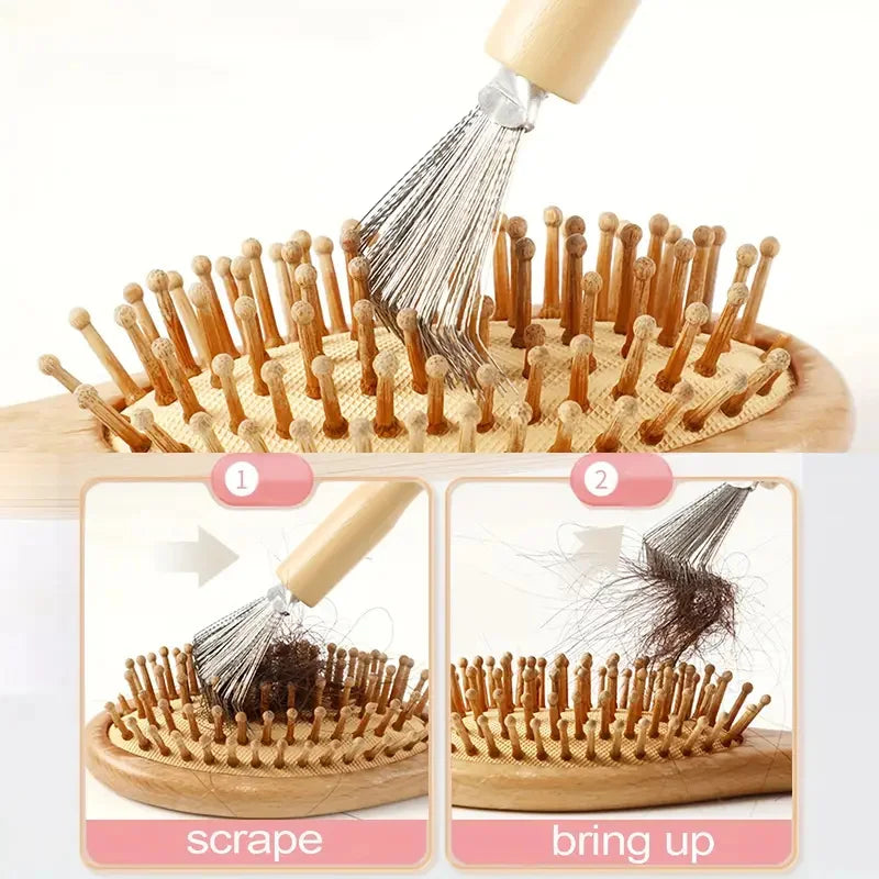 Hair Brush Cleaner Tool Wooden Handle Mini Dirt Remover Brushes Metal