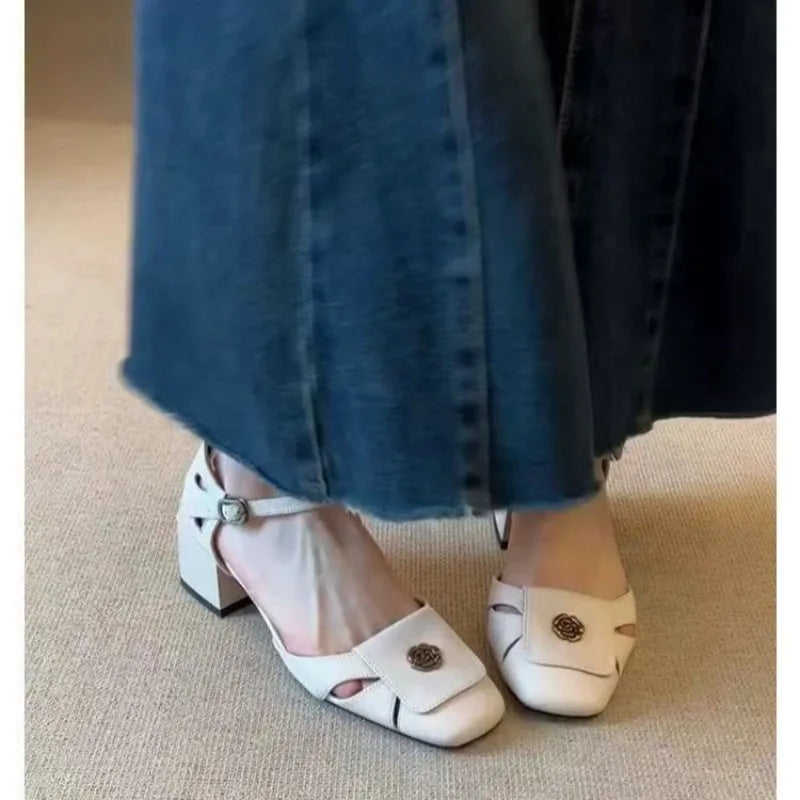 Hollow-out Baotou Sandals with One-word Buckle Belt Commuter Temperament Square-toe Thick Heeled Single-layer Shoes for Women Zpaxo