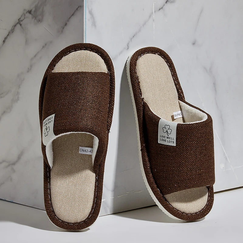 Men's Linen Slippers Breathable Open-toe Non-slip House Shoes Zpaxo Coffee 46-47