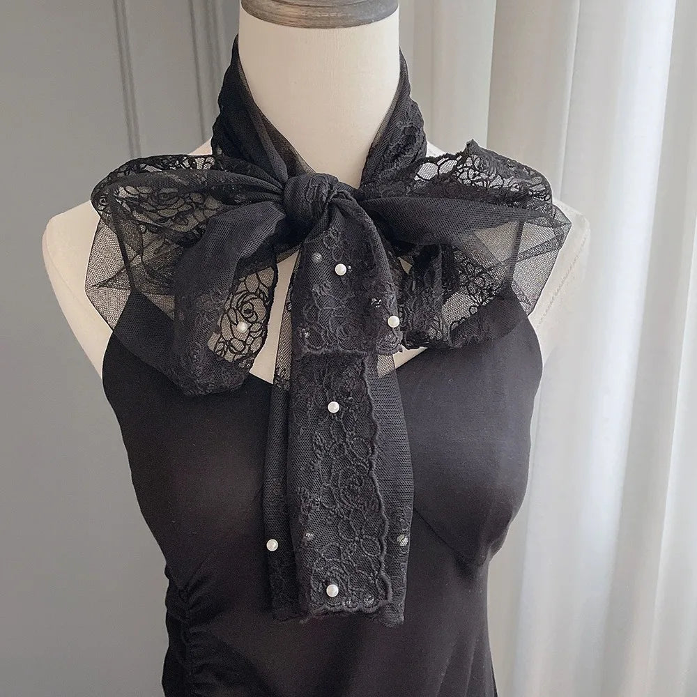 Spring Summer Thin Silk Scarf 153x30cm Soft Small Long Scarf Pearl Decorative Embroidered Flower Women Lace Shawl Zpaxo