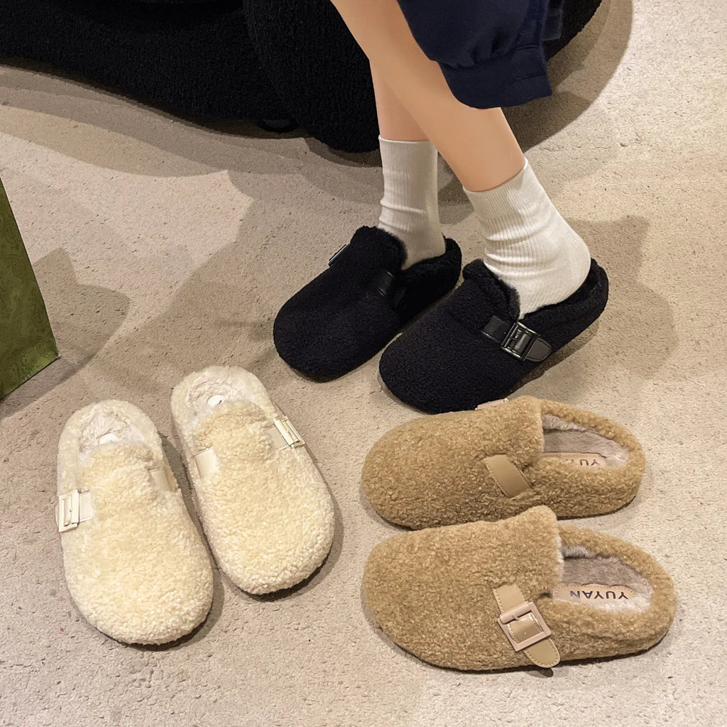 Soft Footbed Teddy Fur Mule Clogs Woman Winter Warm Plush Slide