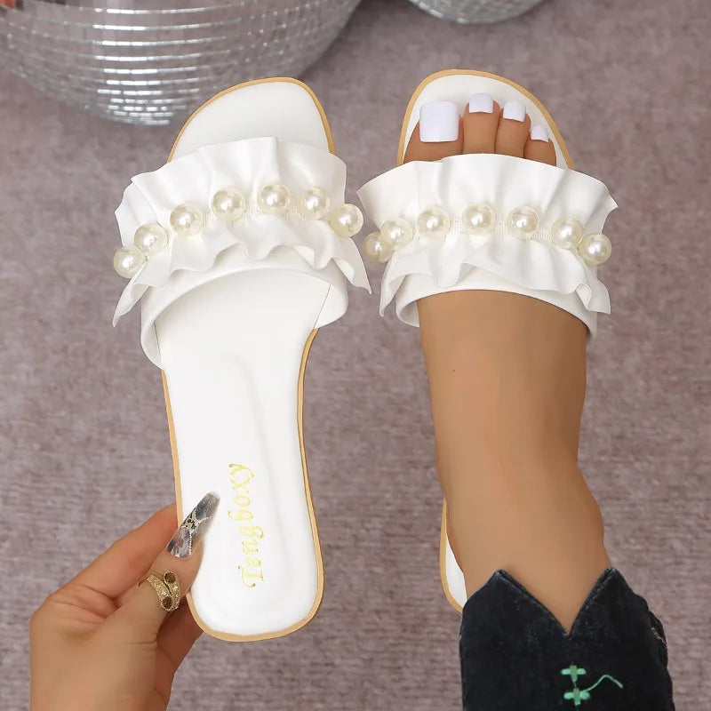 Women's Square Open Toe Pearl Embellishment Solid Slippers Summer Zpaxo WHITE 43