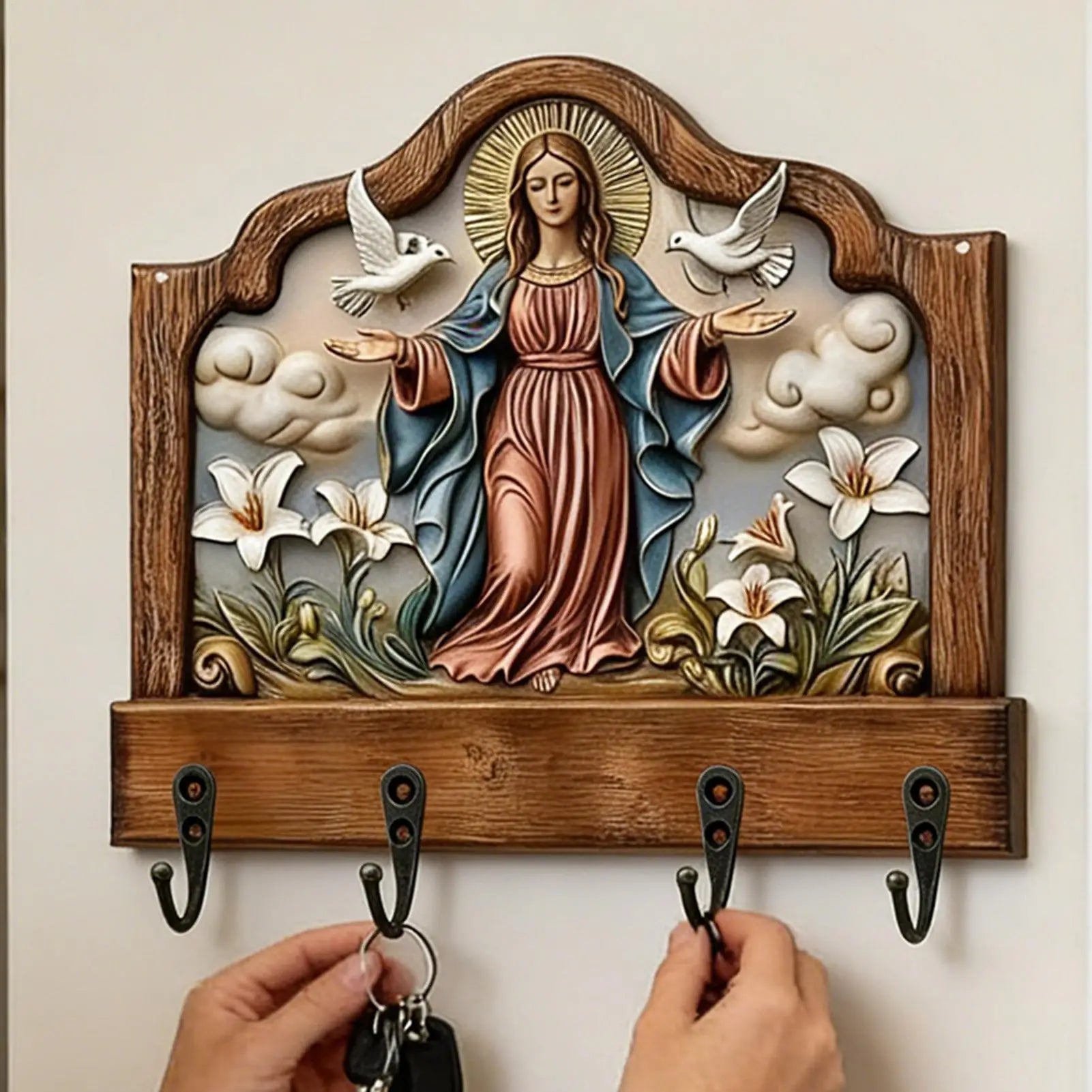 Key Holder Wall Mount Wood Religious Space Saving Hanger 4 Hooks
