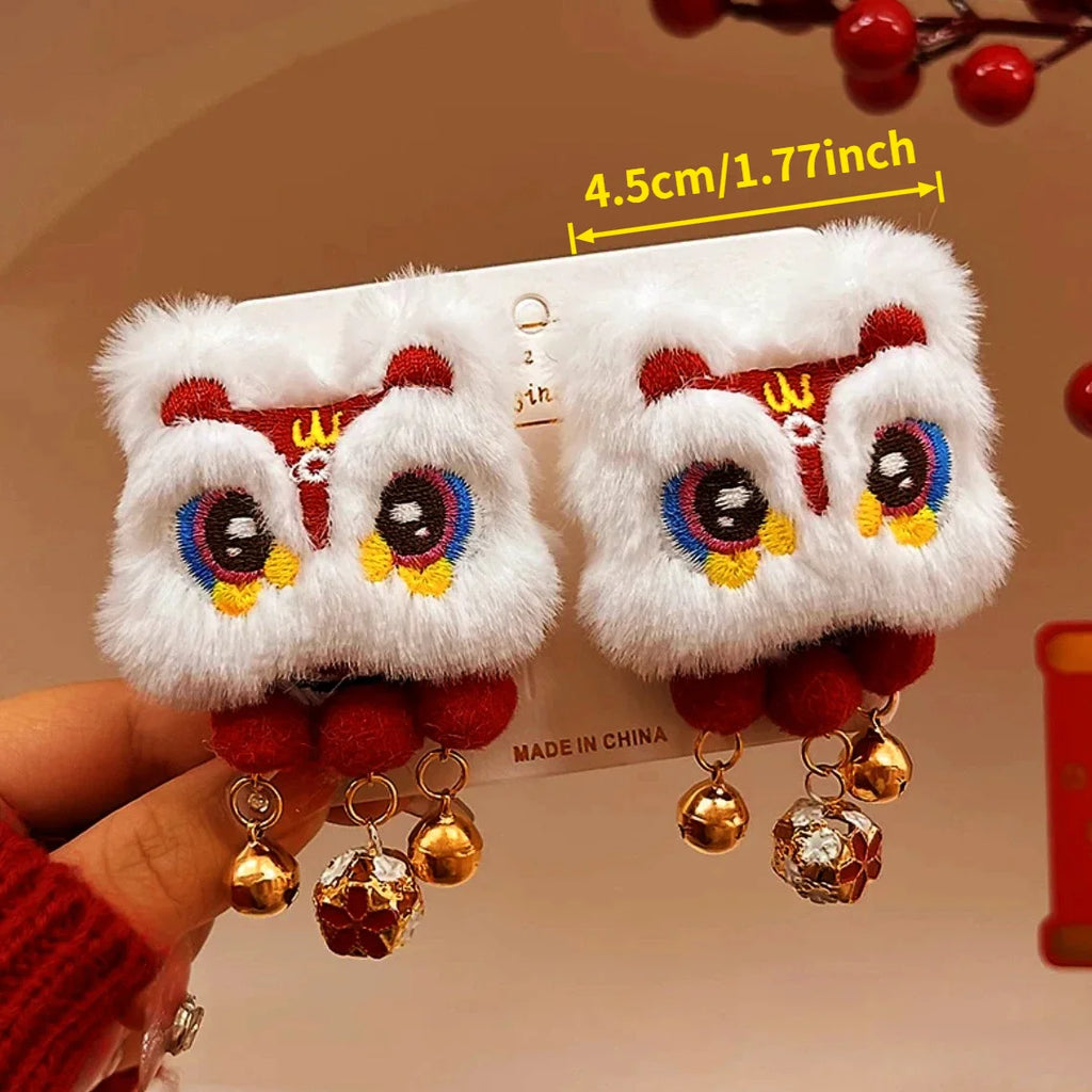 Chinese Lion Dance Pompom Tassel Hair Clips – 2pcs Barrette Set