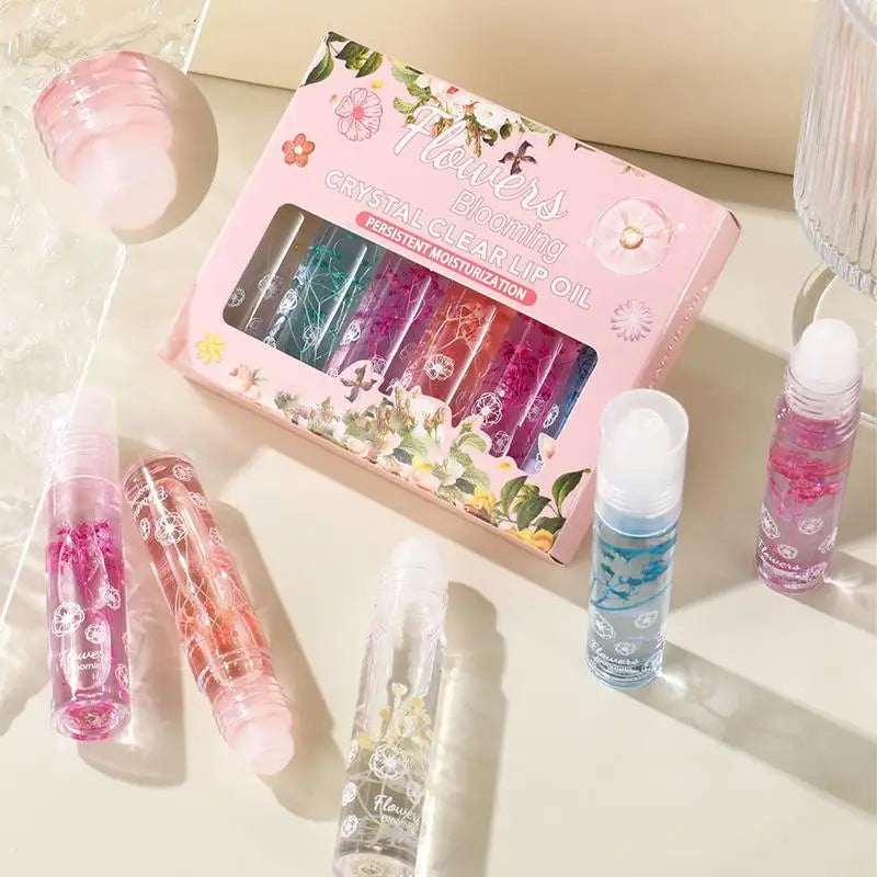 Flower Roll-On Lip Oil Gloss Set – Hydrating & Clear, 6 Pcs Lip Oil Gloss Set Zpaxo