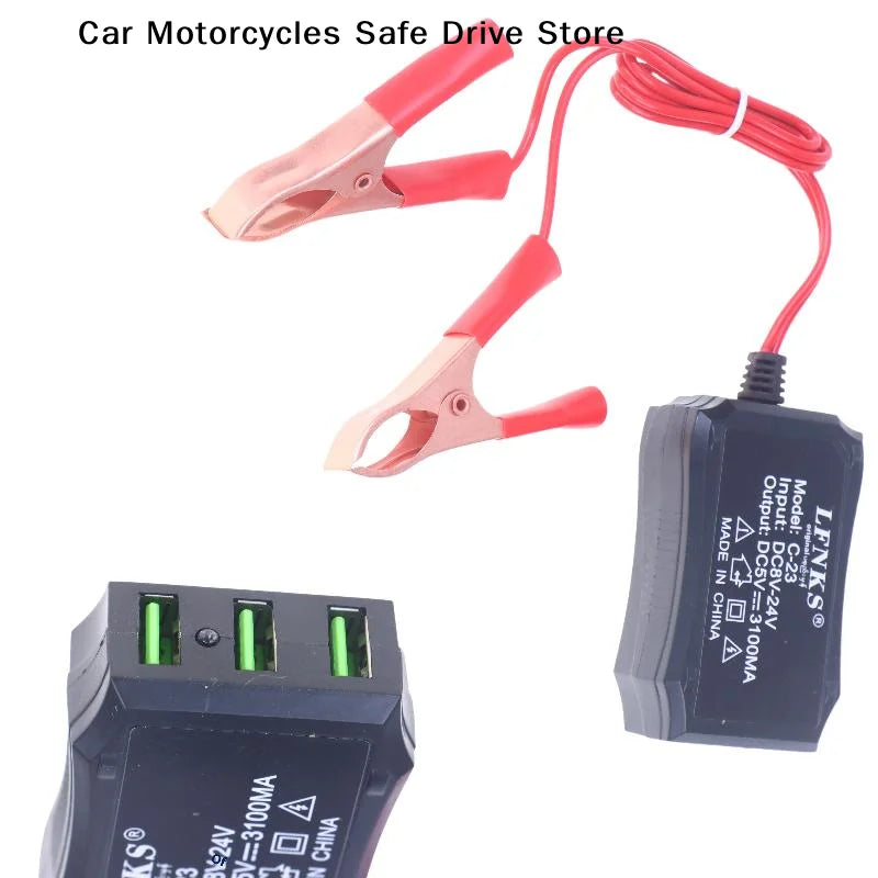 12V 24V 5V 3USB Port Power Adapter Battery Clip Charging Universal