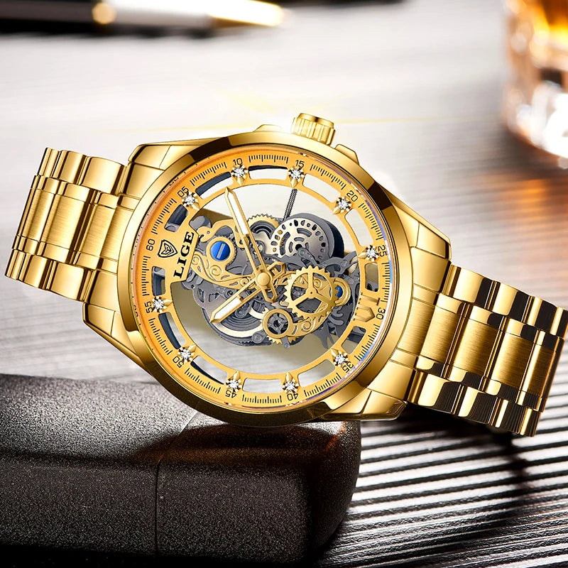 2025 LIGE Men Watch Skeleton Automatic Quartz Watch Gold Skeleton Vintage Man Watch Mens Watches Top Brand Luxury часы мужские Zpaxo