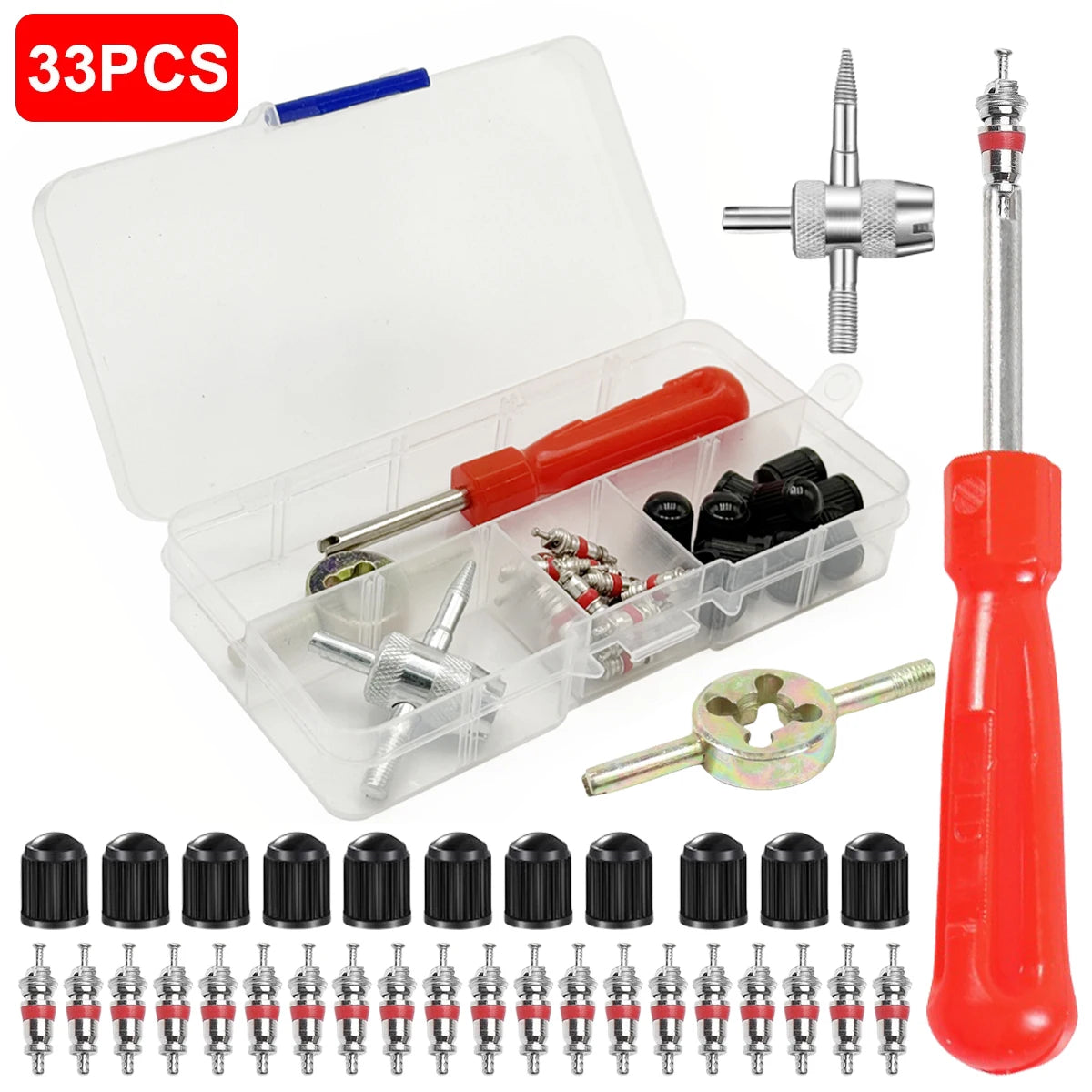 Tire Valve Stem Core Remover Tool Kit – 33 Pcs | Car & Bike