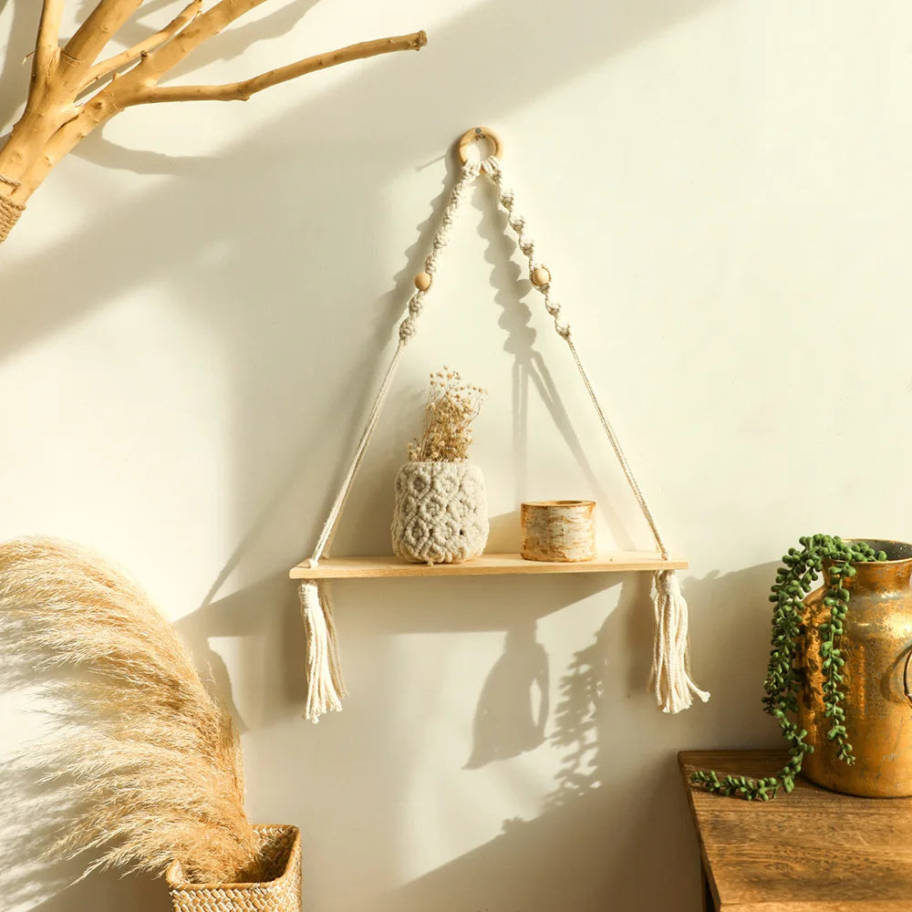 Handmade woven tassel wooden bead flowerpot shelf simple homestay living room home wall pendant Zpaxo
