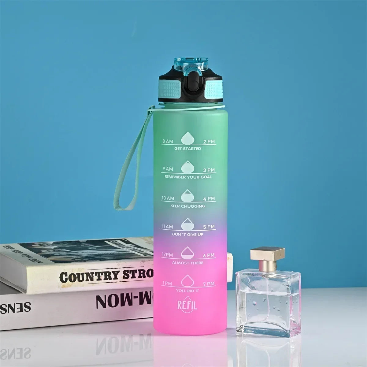 1L Gradient Motivational Sports Water Bottle with Time Marker Sports Water Bottle Zpaxo Gradual change green