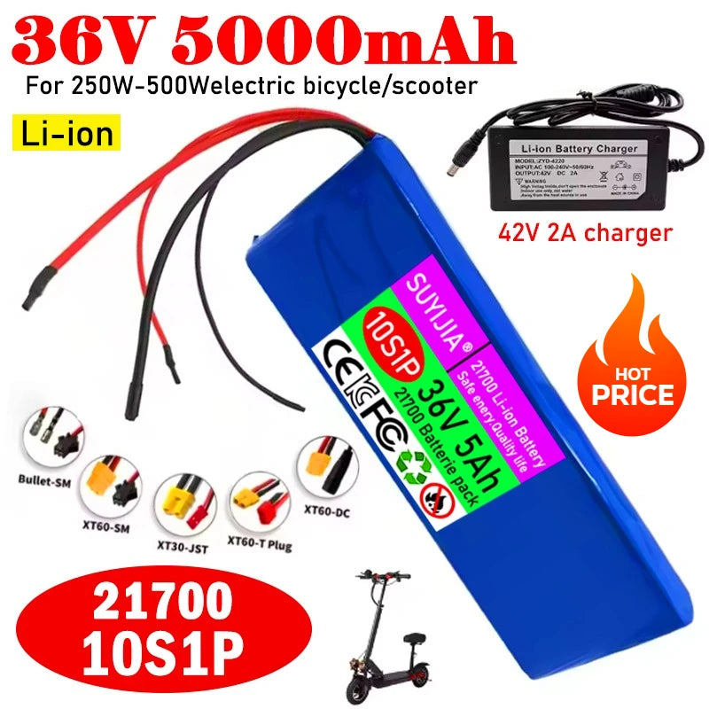 New 21700 Li-ion Battery Pack 36V 5Ah 10S1P Rechargeable Lithium-ion Battery Built-in 20A BMS for 250W-500W Electric Scooter Zpaxo