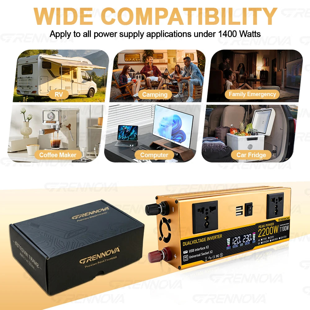 Grennova 1400W/2200W Dual Voltage Power Inverter w/ LCD Screen 12V/24V/48V/60V/72V to 110V/220V for RV, Camping & Solar Off-Grid Zpaxo